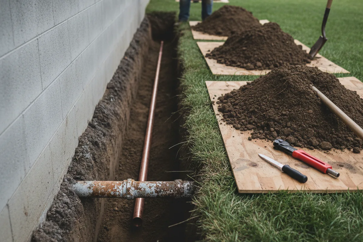 Excavated water line trench during Sewer Line Repair in Johannesburg